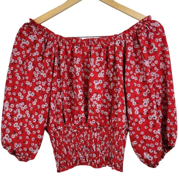 Mouth Valley Red Floral Puffy Sleeve Ruched Waist 1/2 Button Up Crop Top Size M - Picture 3 of 10
